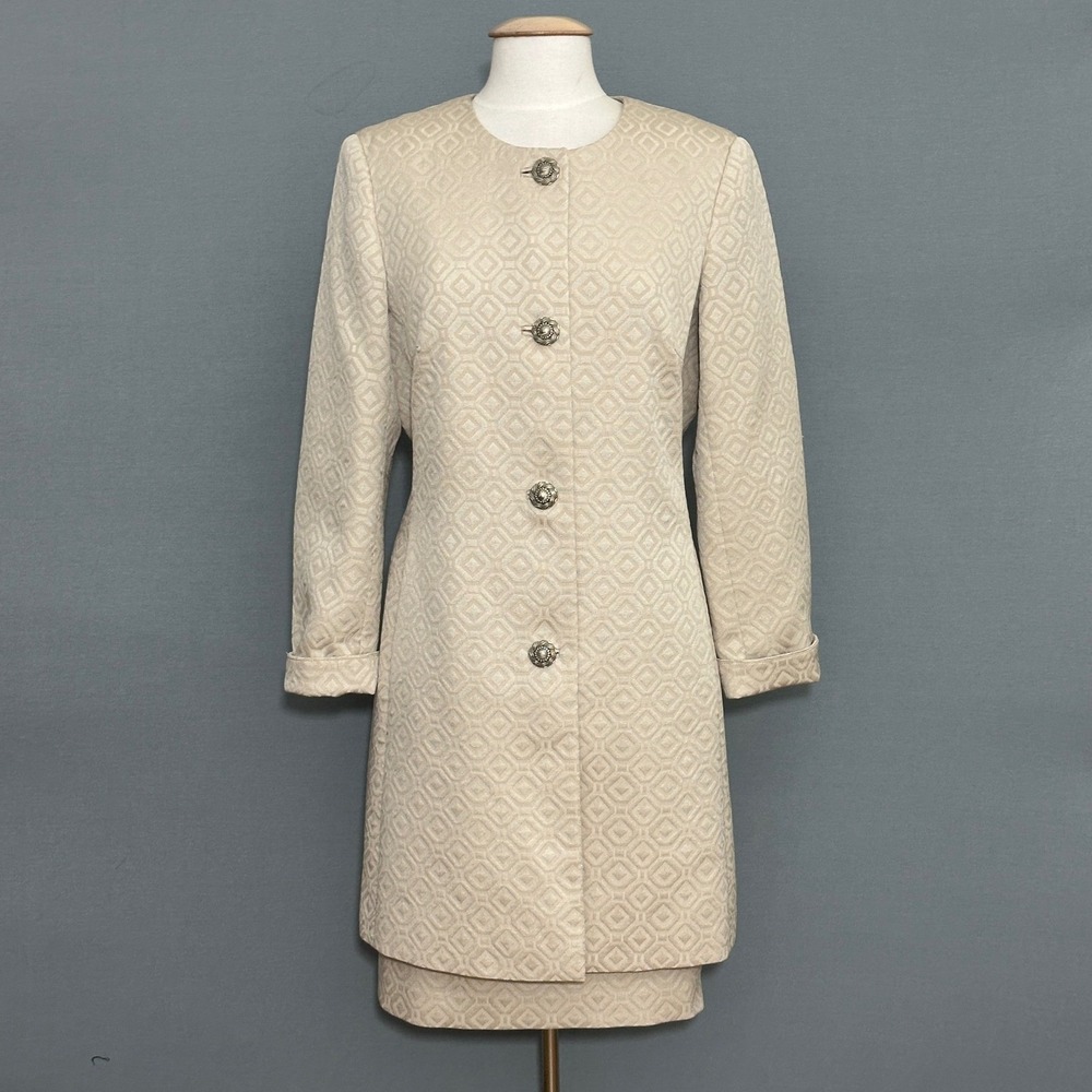 Emily Womens Suit 12 Beige Jacquard Longline Jackie O Mod Old Money Retro Chic